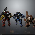 Three Colorful Robot Characters Featuring Mechanical Weapons And Animal Inspired Features In Red Blue Brown