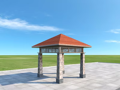 Red Roof Pergola With Stone Pillars And Lattice Top On Green Lawn 3d model