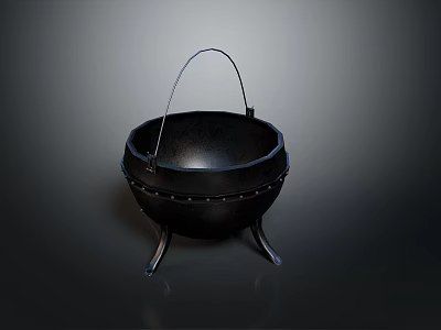 Black Cast Iron Cauldron With Metal Handle And Three Legs Design 3d model