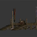 Outdoor Wooden Dock Structure With Steps Colorful Flags And Circular Platform