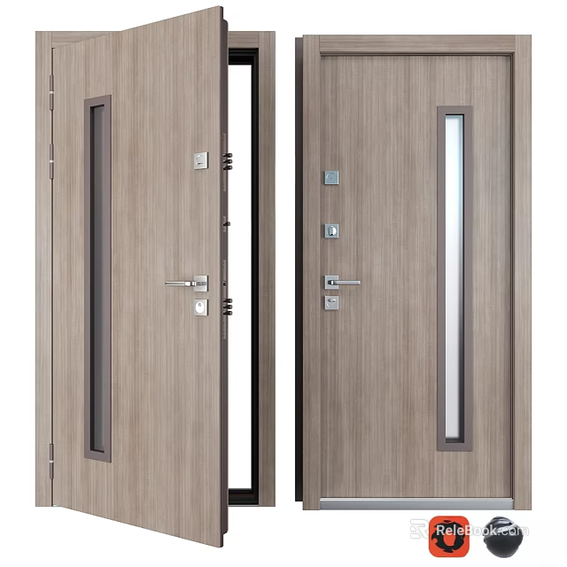 Modern Interior Wooden Hinged Door With Glass Panel And Metal Handles 3d model 