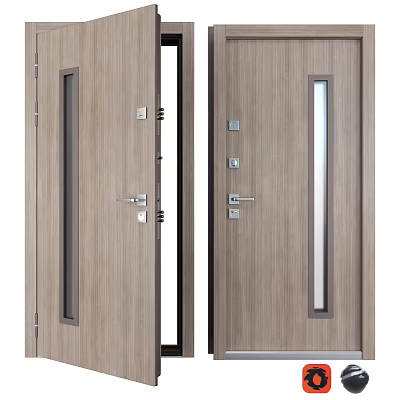 Modern Interior Wooden Hinged Door With Glass Panel And Metal Handles 3d model