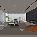 Modern Living Room With White Sofa Brown Armchair Black Coffee Table Fireplace Large Windows And Rug