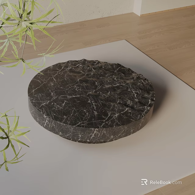 Sofa Coffee Table Set With Round Black Marble Table Natural Texture And Green Plants 3d model 