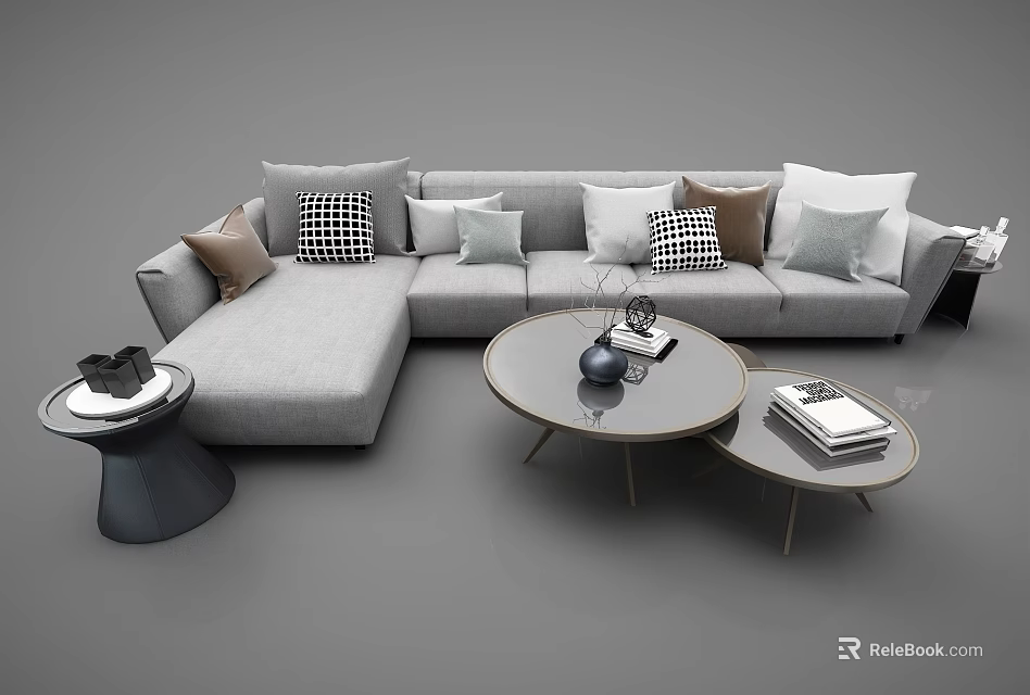 Modern Gray Sectional Sofa With Multiple Patterned Throw Pillows And Round Coffee Tables 3d model
