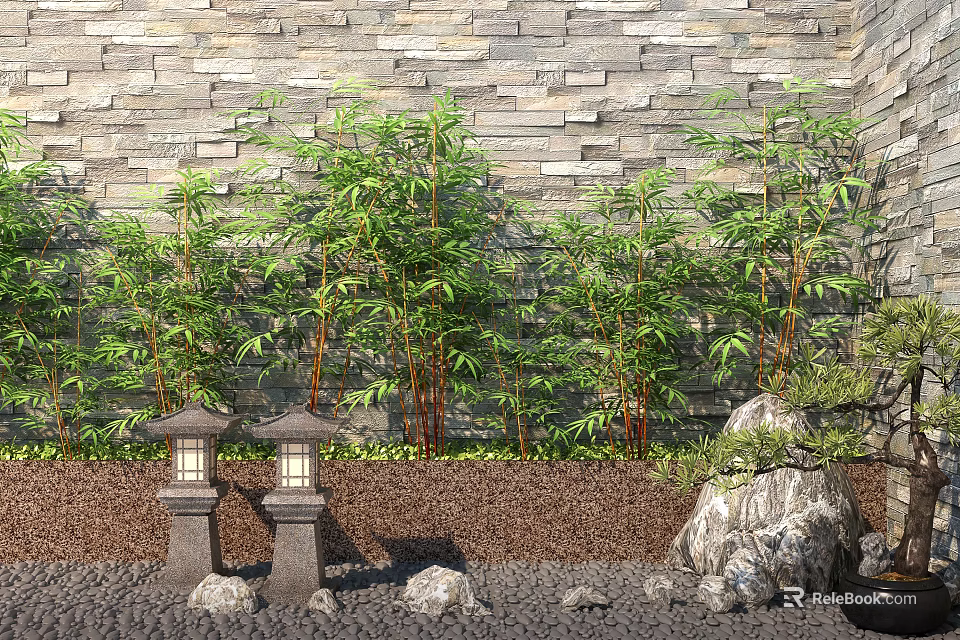 Lush Bamboo Plants Against Stone Wall Backdrop With Stone Lanterns Rocks And Mini Bonsai 3d model 