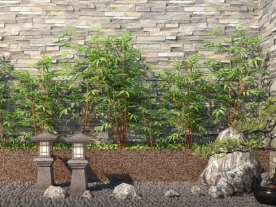Lush Bamboo Plants Against Stone Wall Backdrop With Stone Lanterns Rocks And Mini Bonsai 3d model