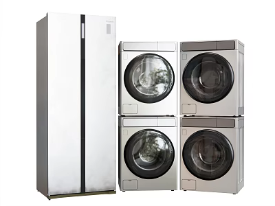 Four Silver Stacked Washing Machines Next To Side By Side Refrigerator 3d model
