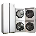 Four Silver Stacked Washing Machines Next To Side By Side Refrigerator 3d model