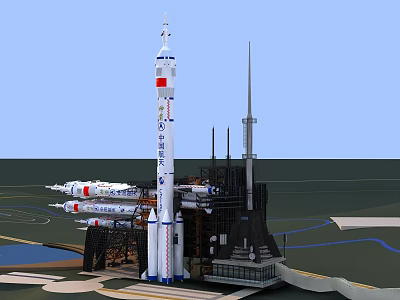 Space Rocket Standing On Launch Pad With Support Structures And Facilities 3d model