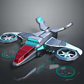 Futuristic Flying Drone With Silver Body Red Front Blue Lights And Four Propellers
