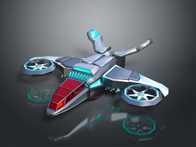 Futuristic Flying Drone With Silver Body Red Front Blue Lights And Four Propellers 3d model
