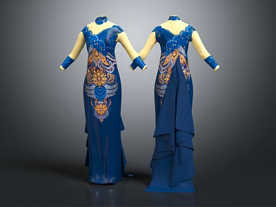 Elegant Blue Long Dresses With Intricate Patterns Long Sleeves And Ruffled Details 3d model
