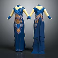 Elegant Blue Long Dresses With Intricate Patterns Long Sleeves And Ruffled Details
