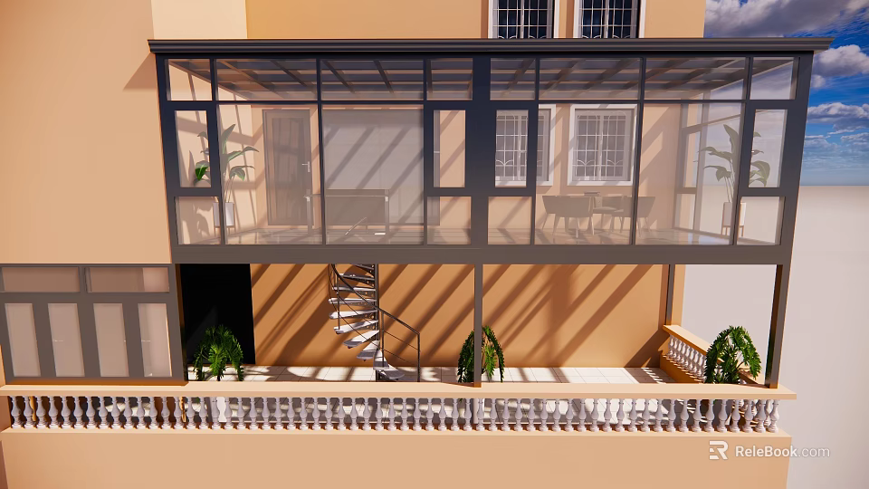 Modern Villa Balcony With Glass Structure Spiral Staircase White Railing And Green Plants 3d model 