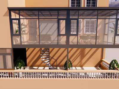 Modern Villa Balcony With Glass Structure Spiral Staircase White Railing And Green Plants 3d model