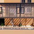 Modern Villa Balcony With Glass Structure Spiral Staircase White Railing And Green Plants