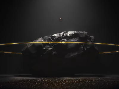 Irregular Black Rock Sculpture with Carved Details Yellow Rings Golden Sphere and Particles 3d model