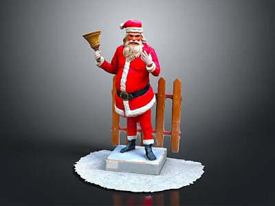Santa Claus Statue In Red Costume Holding Bell With Wooden Fence And Snow Base 3d model