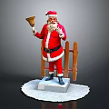 Santa Claus Statue In Red Costume Holding Bell With Wooden Fence And Snow Base