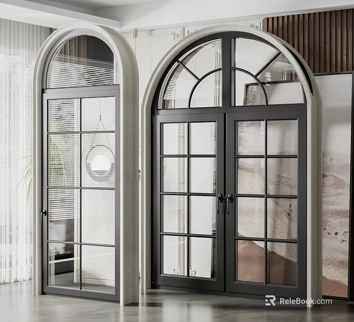 Stylish Arched Glass Doors With Black Frame And Grid Design In Modern Interior 3d model 