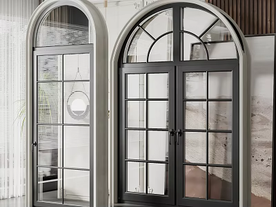 Stylish Arched Glass Doors With Black Frame And Grid Design In Modern Interior 3d model