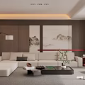 Modern Chinese Living Room With Beige Sofa Wooden Walls And Landscape Paintings