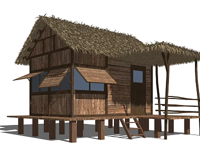 Traditional Stilt House With Thatch Roof Wooden Structure And Stilt Supports Windows And Porch Design 3d model