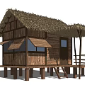Traditional Stilt House With Thatch Roof Wooden Structure And Stilt Supports Windows And Porch Design