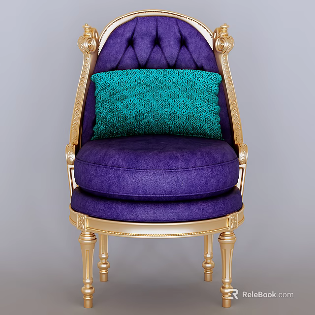 Luxurious Purple Armchair With Gold Accent Frame Tufted Back And Green Decorative Pillow 3d model 
