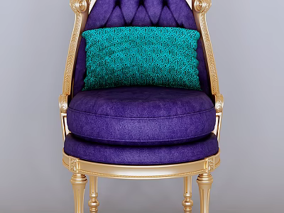 Luxurious Purple Armchair With Gold Accent Frame Tufted Back And Green Decorative Pillow 3d model