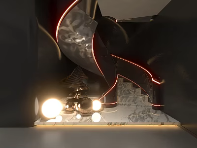 Modern Spiral Staircase Interior With Red LED Strip Lights And Marble Steps 3d model
