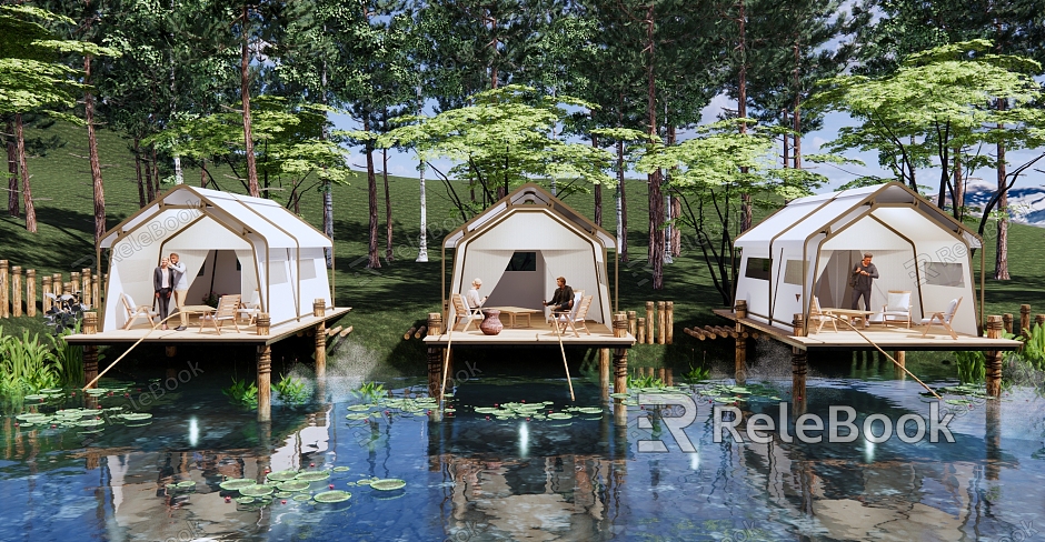 Modern Camping Waterfront Fishing Park Landscape Outdoor Fishing Tent Fishing Platform Camping Tent Water Platform Forest Lotus Pond model