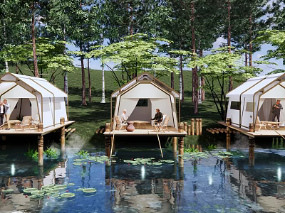 Lakeside Glamping Site with Overwater Platforms White Tents and Wooded Surroundings 3d model