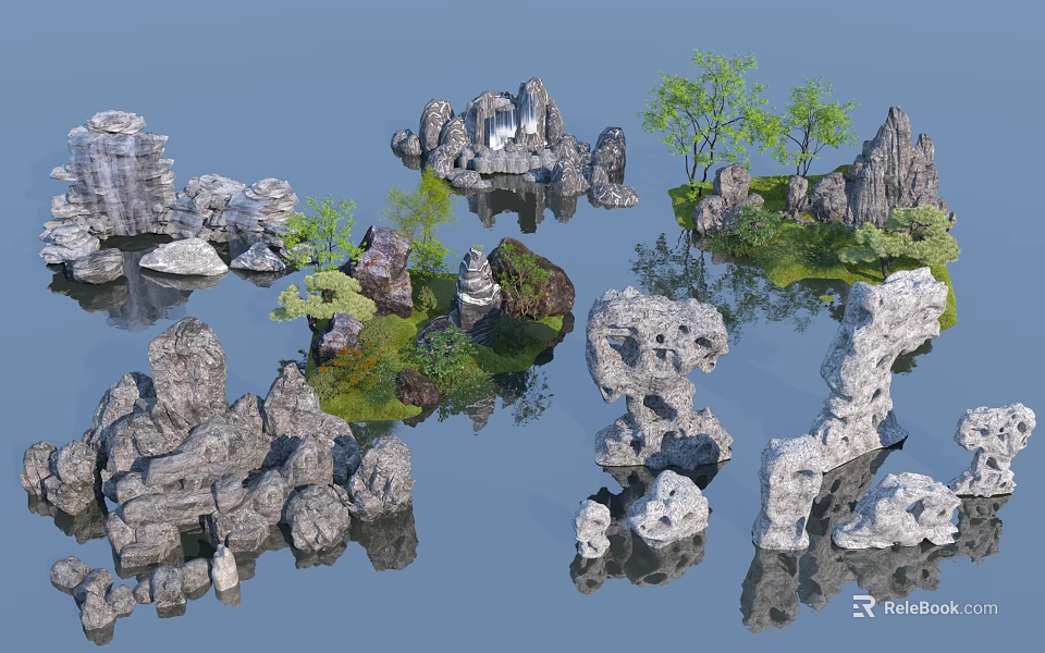 Decorative Garden Ornaments With Natural Rock Formations Lush Green Plants And Clear Water Reflections 3d model 