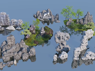 Decorative Garden Ornaments With Natural Rock Formations Lush Green Plants And Clear Water Reflections 3d model
