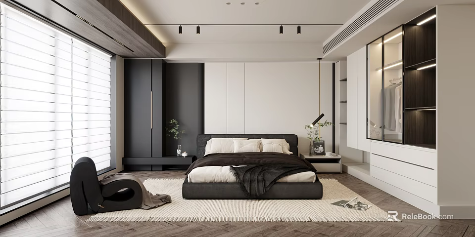 Modern Bedroom Interior With Large Bed Black White Wardrobes Ceiling Spotlights And Woven Rug 3d model 