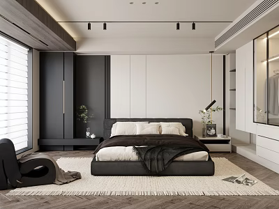Modern Bedroom Interior With Large Bed Black White Wardrobes Ceiling Spotlights And Woven Rug 3d model