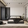 Modern Bedroom Interior With Large Bed Black White Wardrobes Ceiling Spotlights And Woven Rug