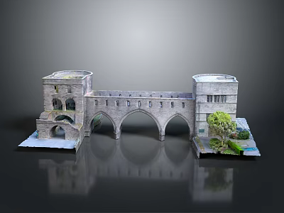 Ancient Stone Bridge Model with Twin Towers Multiple Arches Small Pool and Green Plants 3d model