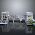 Ancient Stone Bridge Model with Twin Towers Multiple Arches Small Pool and Green Plants