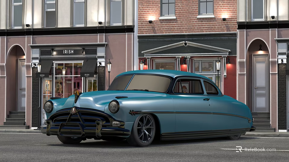 Vintage Blue Classic Car Parked on Urban Street with Brick Buildings and Shop Fronts 3d model 