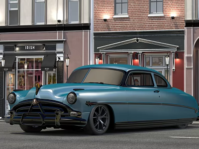 Vintage Blue Classic Car Parked on Urban Street with Brick Buildings and Shop Fronts 3d model