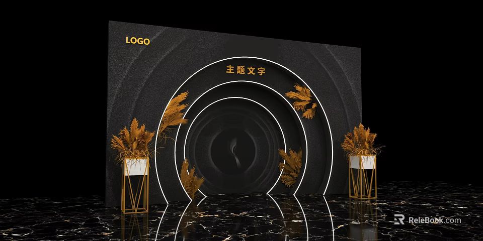 Event Backdrop With Logo Theme Text Arch Golden Plants And Marble Floor 3d model