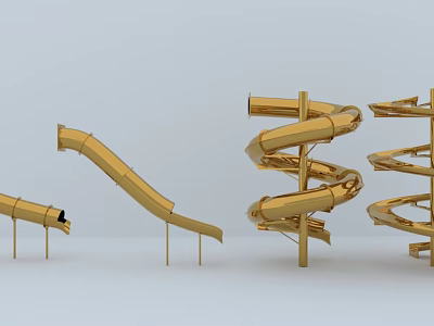 Golden Playground Slides With Spiral And Straight Designs For Outdoor Fun 3d model