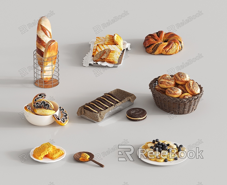 Modern Food Combination Bread Biscuits Honey Fruit model