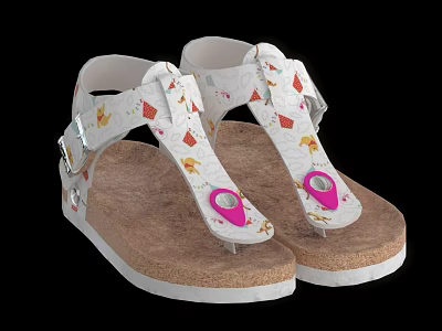 White Sandals With Colorful Patterns Cork Sole And Pink Decorative Buckle 3d model