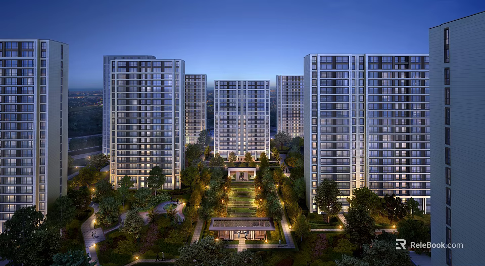 Modern High Rise Residential Buildings Surrounded by Greenery and Landscaped Gardens With Evening Lighting 3d model 