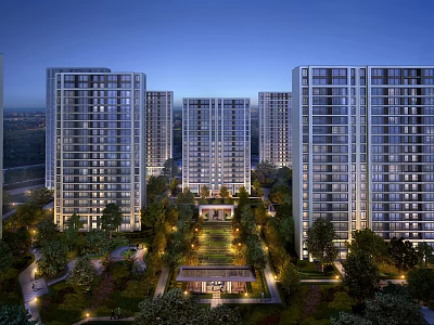 Modern High Rise Residential Buildings Surrounded by Greenery and Landscaped Gardens With Evening Lighting 3d model