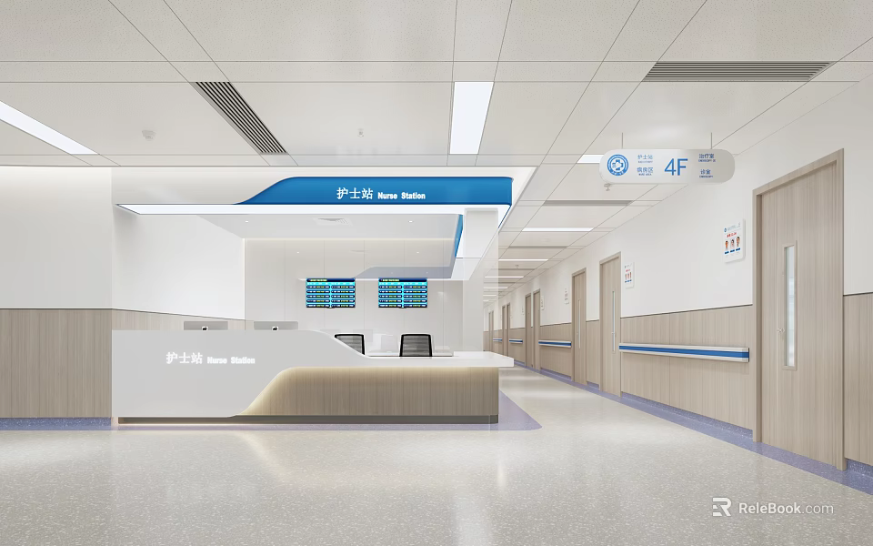 Modern Hospital Outpatient Nurse Station And Corridor Design 3d model 